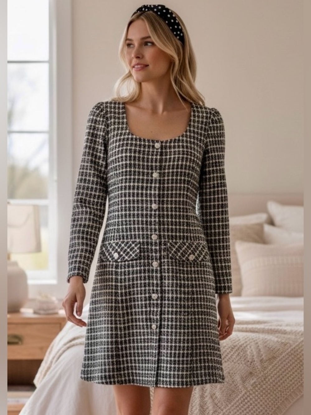 Taylor Black & White Tweed Long-Sleeve Button Front Dress - Picture 10 of 10